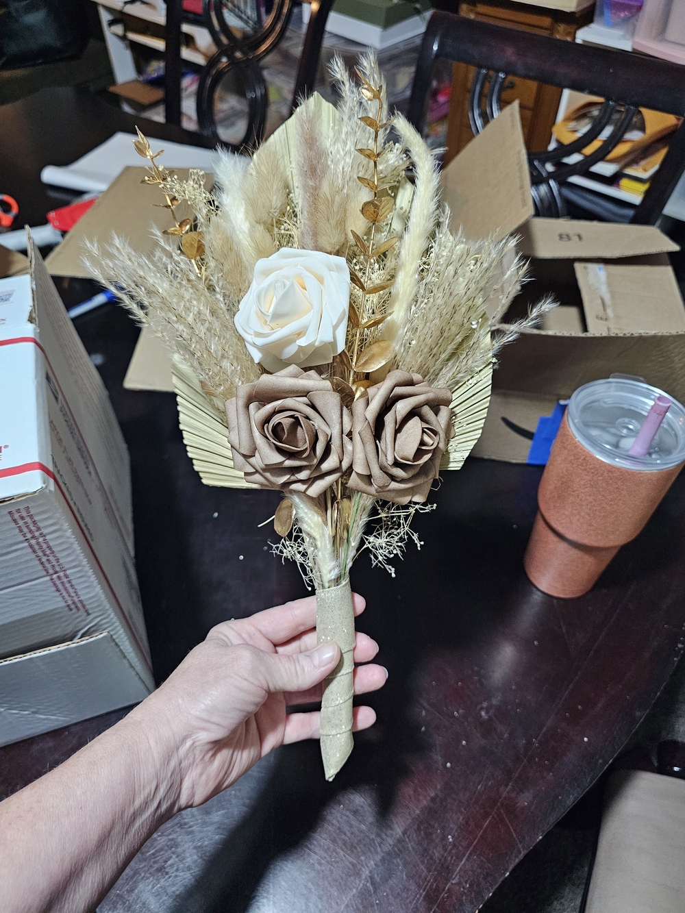 Boho Hand Crafted Cream and Brown Faux Dried Bridesmaid Bouquet 9